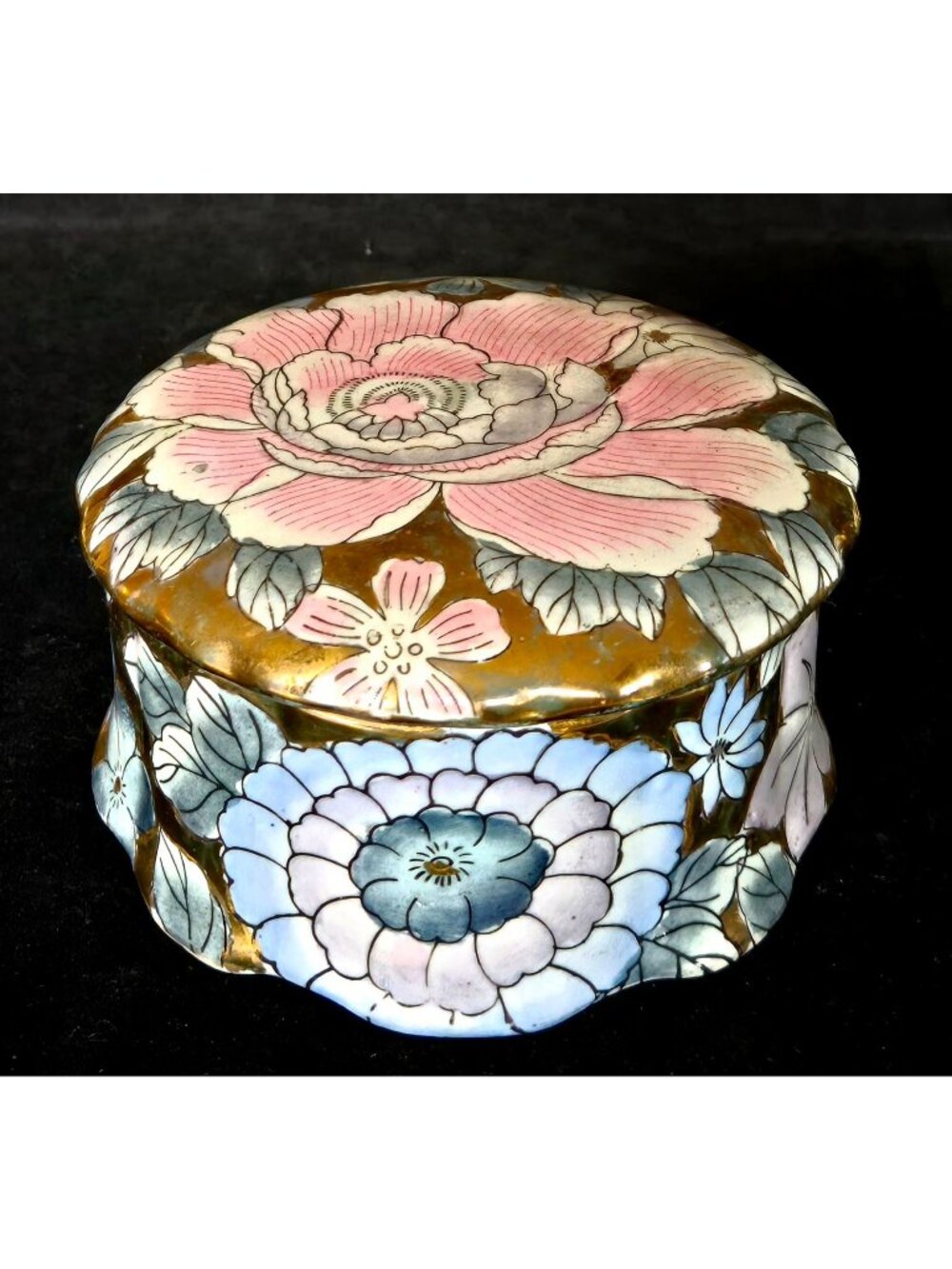 Hand-Painted Porcelain Box Pink & Blue Flowers With Gold Accents